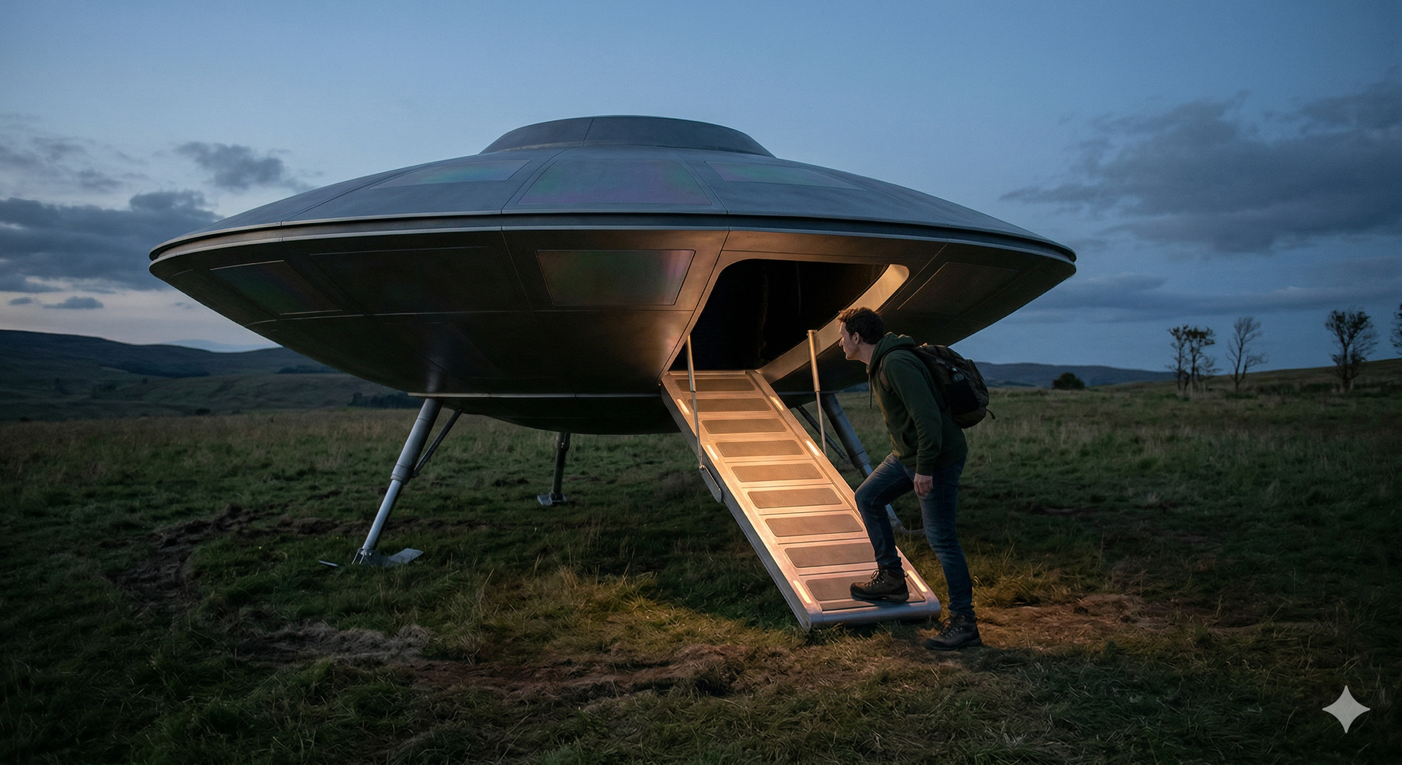 Explorer boarding an abandoned UFO in a field at dusk