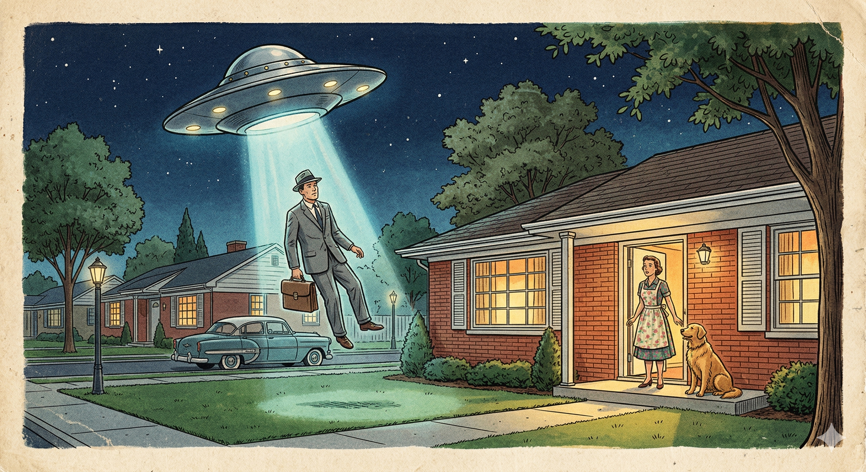 Man being beamed up by a UFO while his family watches from the doorway